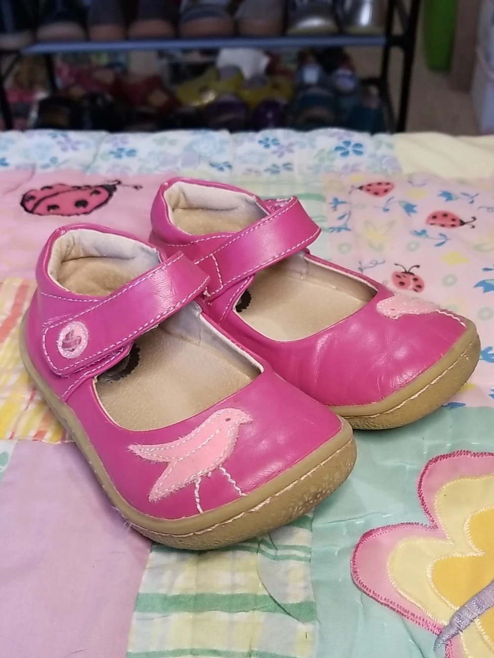 Livie & Luca Pink Leather Mary Janes with Pink Glitter Bird Size 7 Pio Pio